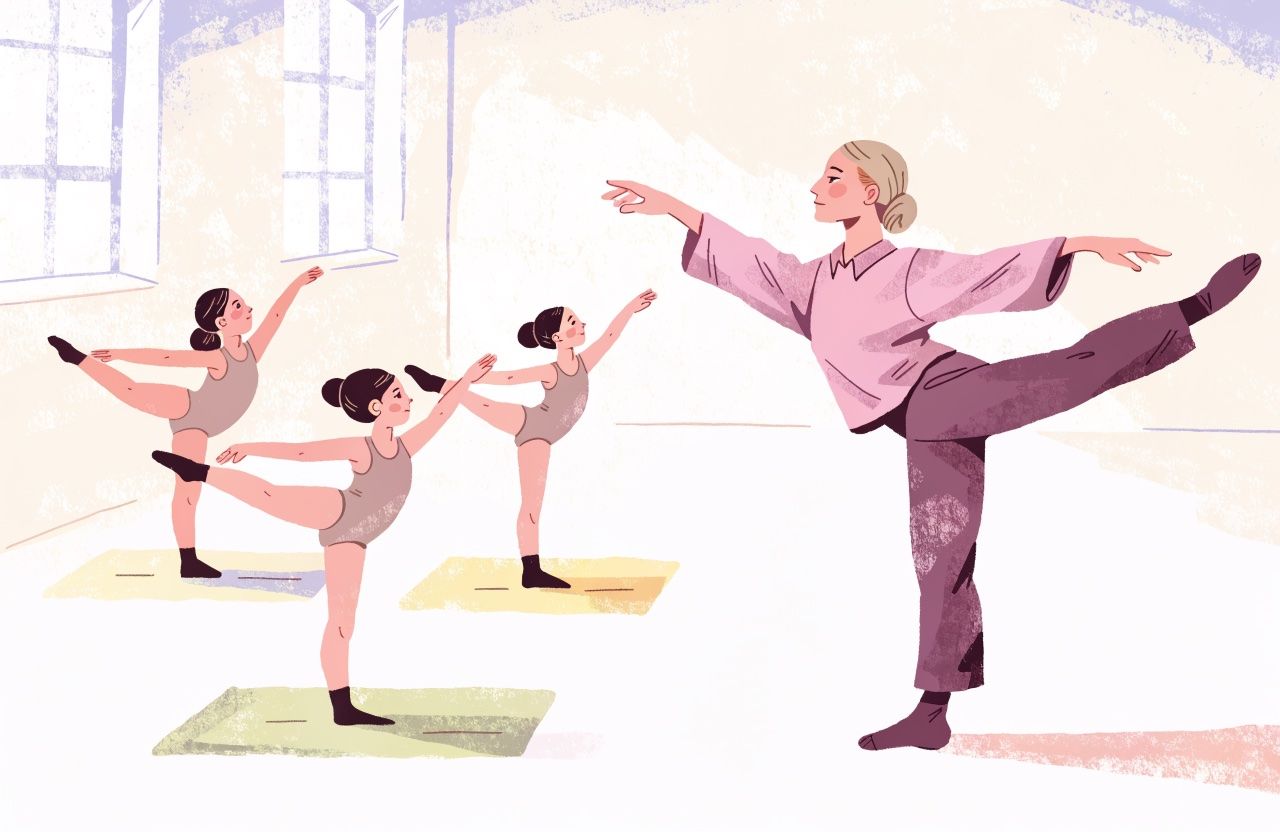 Coach demonstrating while young gymnasts mirror her